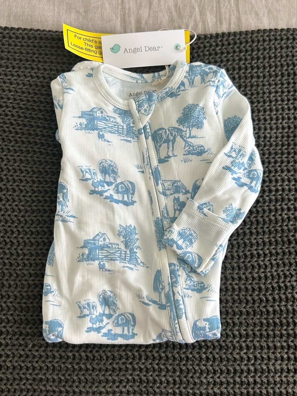 NWT Angel Dear blue farm print ribbed footie pajamas
